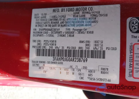 2010 Ford Fusion Sel из США, поврежденный, VIN 3FAHP0JG0AR238769